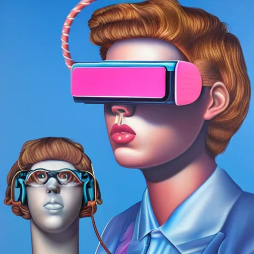 Image similar to alex gross, award winning masterpiece with incredible details, a surreal vaporwave vaporwave vaporwave vaporwave vaporwave painting of an old pink mannequin head wearing vr goggles with cables and wires coming out of it's neck, highly detailed