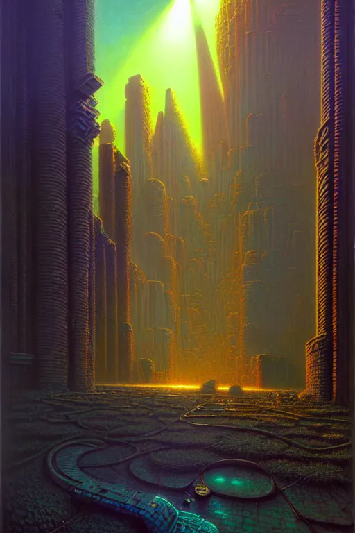 Prompt: a retro technological ruins by, tim hildebrandt, wayne barlowe, bruce pennington, donato giancola, trending on artstation, cinematic composition, beautiful lighting, hyper detailed, 8 k, oil on canvas