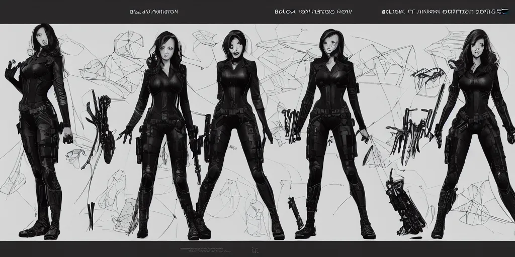 Image similar to black widow, character sheet, concept design, contrast, kim jung gi, greg rutkowski, zabrocki, karlkka, jayison devadas, trending on artstation, 8 k, ultra wide angle, pincushion lens effect