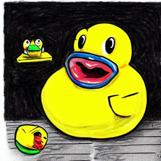 Image similar to rubber duck horror, rubber duck mutant, rubber duck zombie horror, drawing