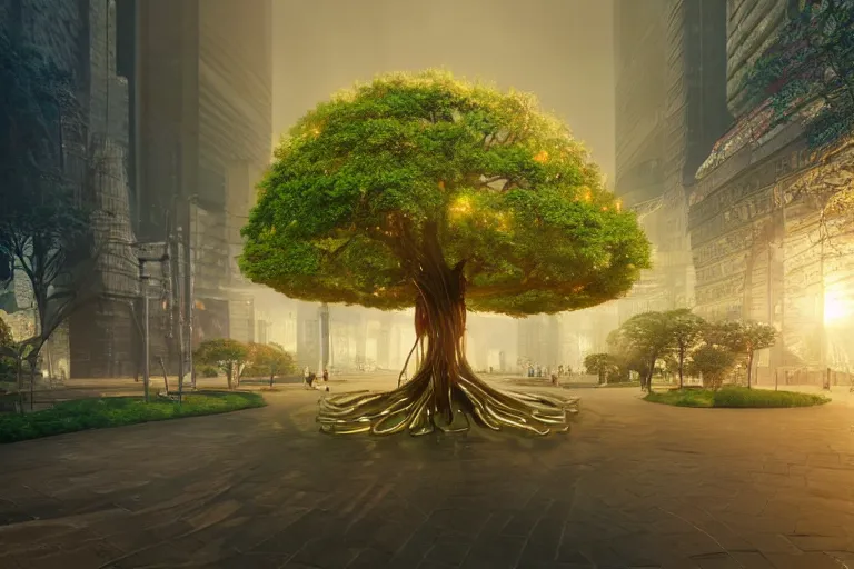 Image similar to Cybernetic tree of life in a city center, hyper real, 8k, colorful, 3D cinematic volumetric light, atmospheric light, studio ghibli inspired, fantasy LUT, high contrast, epic composition, sci-fi, dreamlike, surreal, angelic, by Moebius,