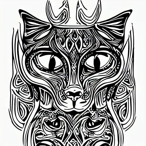 Image similar to { { tattoo sketch } } }, cat, { { without eye } }, draft, polinesian { ornament }, line art, vector