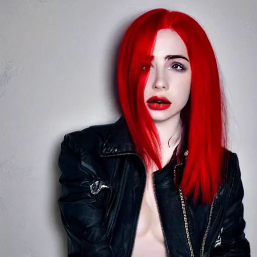 Image similar to ava max bright red hair photographed by charlotte rutherford, highly realistic. high resolution. highly detailed. 8 k. 4 k.