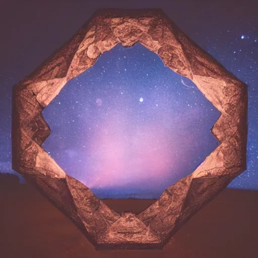 Prompt: a hexagonal portal in the dark night sky, realistic photography, hyperrealistic