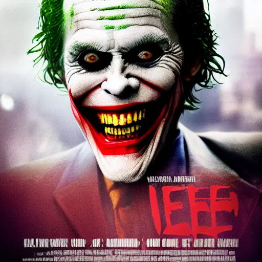 Image similar to willem dafoe as the joker, movie poster, superrealism, quality, post - production, image depth, focus, fine details, skin pores, makeup, 8 k