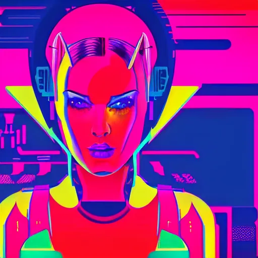 Image similar to a portrait of a beautiful cyborg, in retro colors, synthwave style, 2 d digital vector art