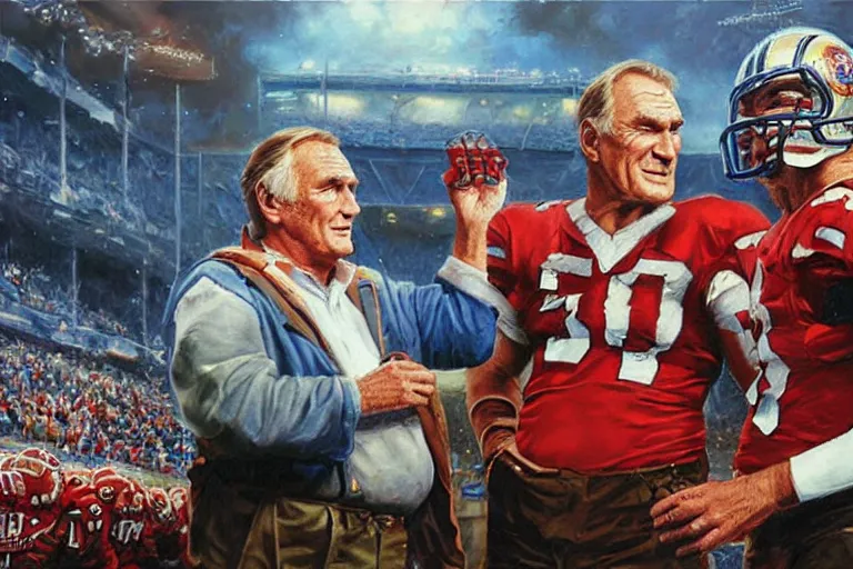 Image similar to portrait of jerry van dyke and craig t nelson planning football, an oil painting by ross tran and thomas kincade