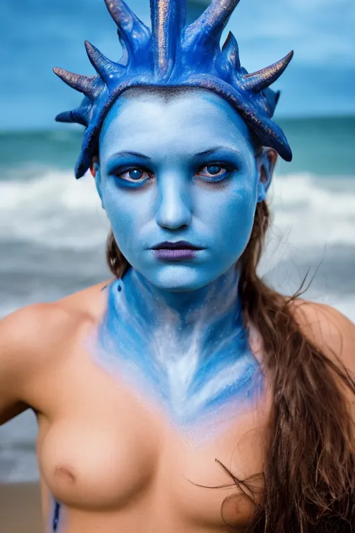 Image similar to a young german woman dressed as a blue-skinned triton from DND standing on a beach, blue body paint, high resolution film still, 8k, HDR colors, cosplay, outdoor lighting, high resolution photograph, photo by bruce weber, beautiful symmetric face