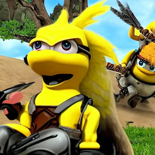 Image similar to link riding an amoured chocobo fighting an army of minions