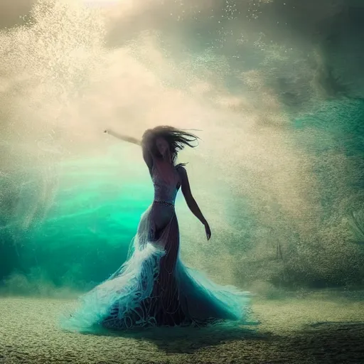 Prompt: woman dancing underwater wearing a flowing dress made of many translucent layers of silver and gold lace seaweed, hints of green purple yellow, delicate coral sea bottom, swirling silver fish, swirling smoke shapes, unreal engine, caustics lighting from above, cinematic, hyperdetailed