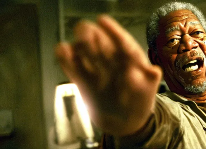 Image similar to a still of morgan freeman in cabin fever (2002), horror, dramatic lighting, screaming