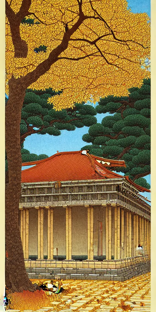 Image similar to a beautiful ancient greek bathhouse in the autumn by hasui kawase