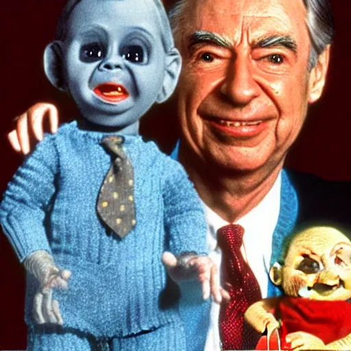 Prompt: photorealistic Mr. Rogers holding the Chucky doll from the movie Child's Play