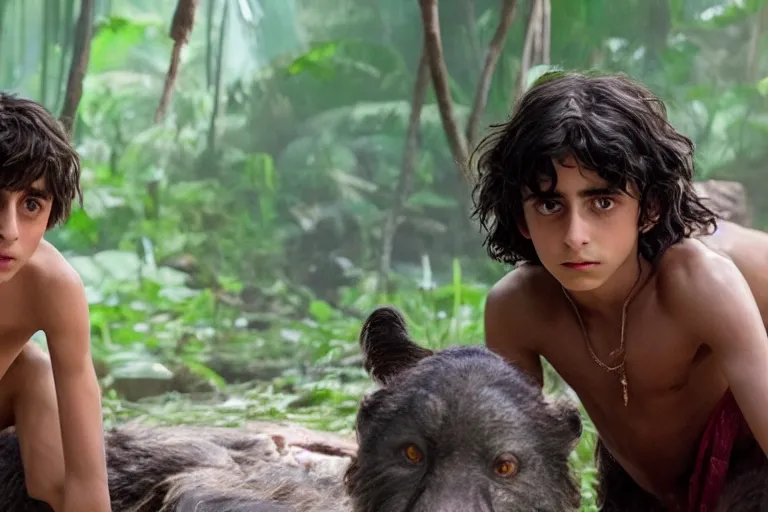 Image similar to timothee chalamet plays mowgli in the live action adaptation of the jungle book, red weapon 8 k s 3 5, cooke anamorphic / i lenses, highly detailed, cinematic lighting