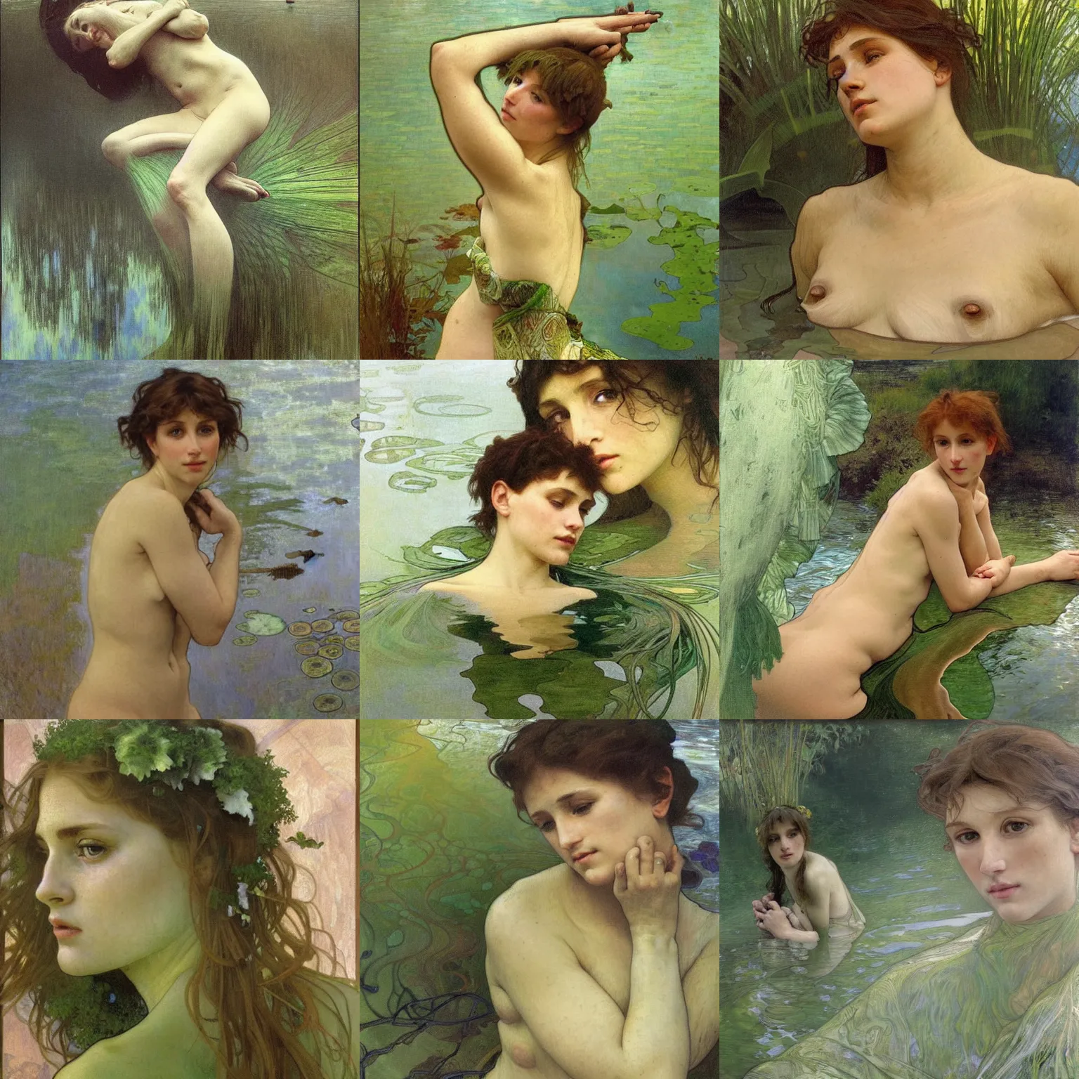 Prompt: hyperrealist portrait in a river, half body, green water algae by alphonse mucha and lucian freud and bouguereau, fog, very detailed faces