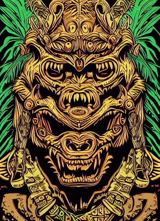 Image similar to barong family member, wiwek, mara demon, one single tribe member, jungle, one single mask, dark, ancient warrior mask, gorilla mask, lizard tongue, tribals, art by dan mumford