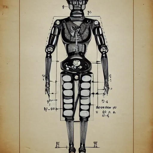 Image similar to technical drawing of ancient womanized humanoid robot, symmetrical, anatomically correct, old historical photo, ancient paper, photorealistic