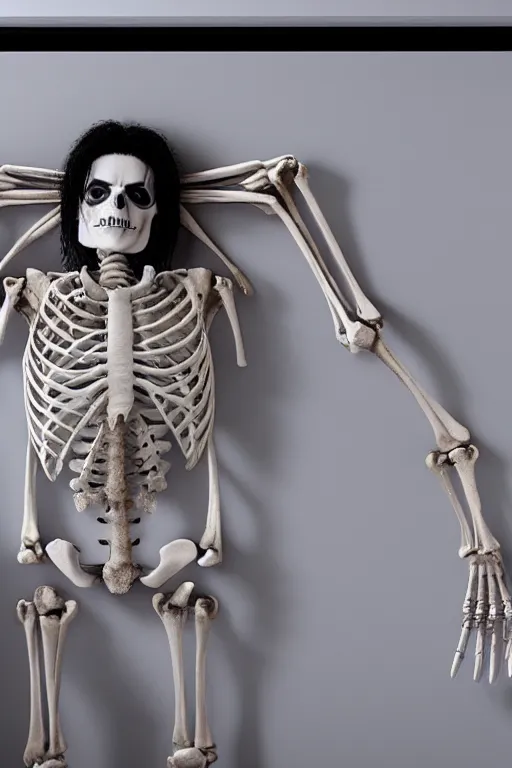 Prompt: photo still of a half skeleton michael jackson in a casket, 4k