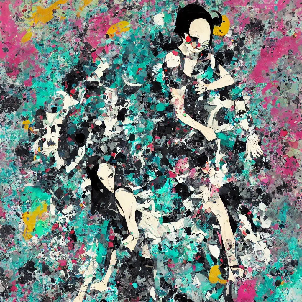 Image similar to girl figure, abstract, jet set radio artwork, ryuta ueda artwork, cryptic, rips, spots, asymmetry, stipple, lines, glitches, color tearing, pitch bending, stripes, dark, ominous, eerie, hearts, minimal, points, otomo katsuhiro artwork, technical, natsumi mukai artwrok, folds