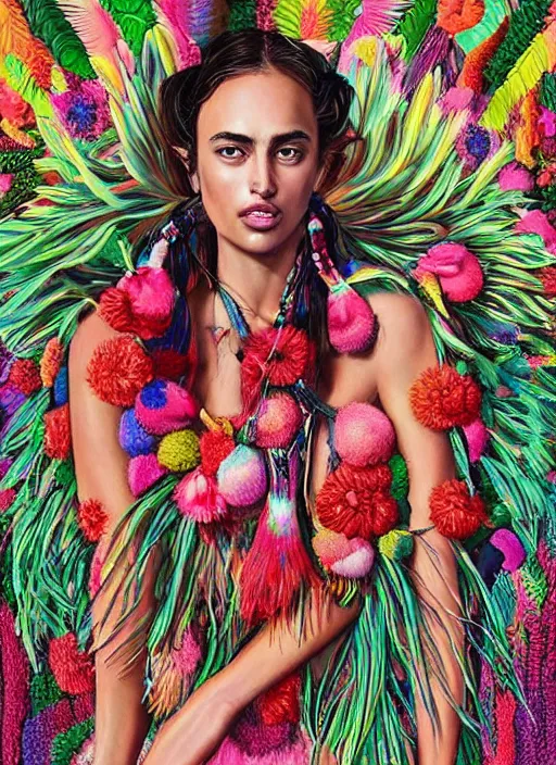 Prompt: beautiful portrait of Irina Shayk wearing fantastic Hand-dyed cotton dress, embellished beaded feather decorative fringe knots ,colorful pigtail,subtropical flowers and plants,symmetrical face,intricate,elegant, highly detailed, 8k,post-processing,digital painting, trending on pinterest, GUCCI,PRADA,concept art, sharp focus, illustration, by artgerm,Tom Bagshaw,Lawrence Alma-Tadema,greg rutkowski,alphonse Mucha