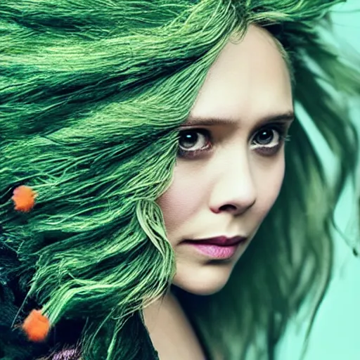Image similar to elizabeth olsen with [ broccoli hair ]!!!!, trending on cgsociety, 4 k quality, intricate