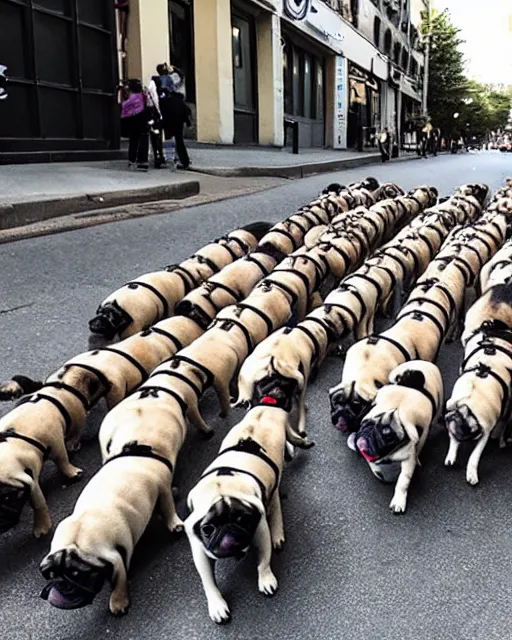 Prompt: a million pugs marching through a city street