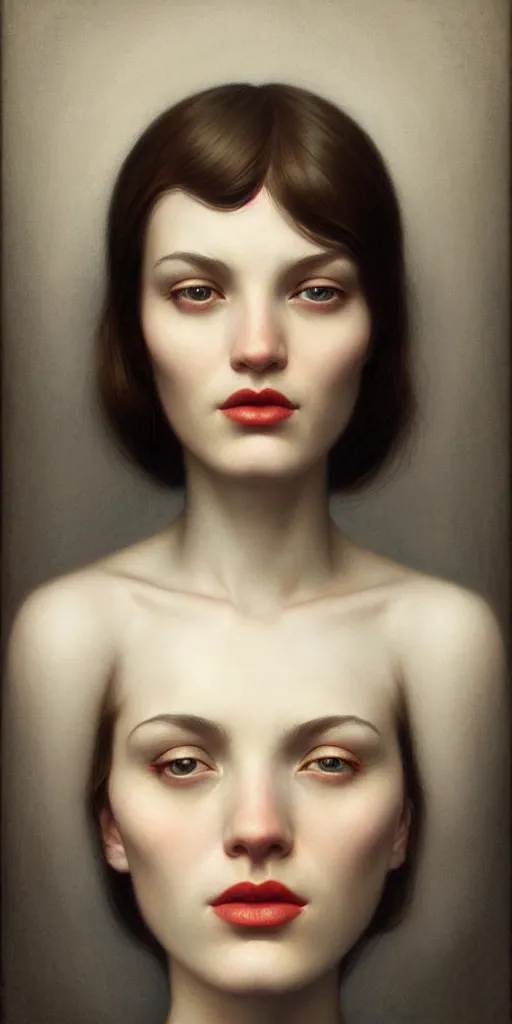 Image similar to portrait photo of AI face, Perfect one face, extremely high details, realistic, by Edward Hopper, Tom Bagshaw , Rene Margitte