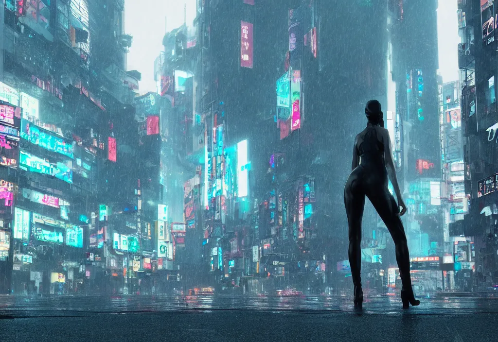 Image similar to 5 0 foot cyberpunk woman, giant, in tokyo city, skyscapers, spot lights, raining, wet, roger deakins cinematography, realistic, stylised, unreal engine, hyper realistic, octane render, camera bloom, fog, bladerunner