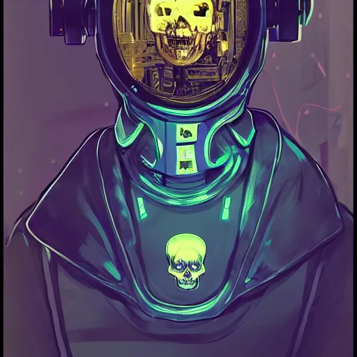 Image similar to !dream portrait of a dead cyberpunk space pirate in concept armor with golden cyborg skull in a futuristic prototype oxygen intake helmet by Abigail Larson + Alan Lee + Audrey Kawasaki + Giovanni-Piranesi + Winsor-McCay + Howard-Pyle, headshot, 8k vhs glitch, cinematic, sharp focus, smooth, sense of awe