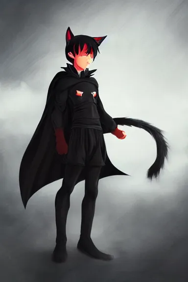 Prompt: little boy with cat ears in an black outfit with red cape. digital artwork made by lois van baarle and kentaro miura, sharpness focus, inspired by hirohiko araki, anatomically correct, heroic composition, hero pose, smooth