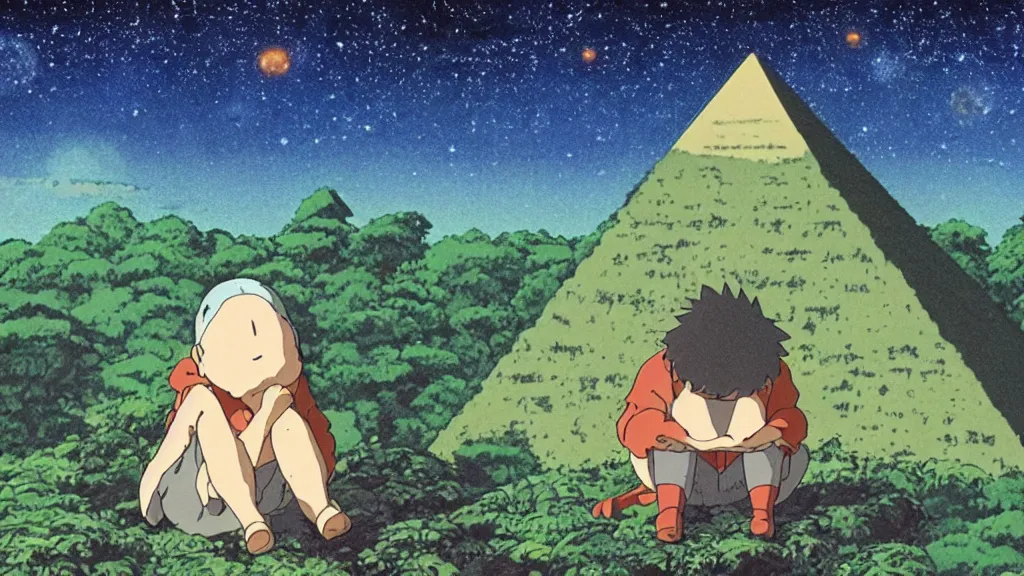 Image similar to a movie still from a studio ghibli film showing a huge dwarf meditating. a pyramid is under construction in the background, in the rainforest on a misty and starry night. a ufo is in the sky. by studio ghibli