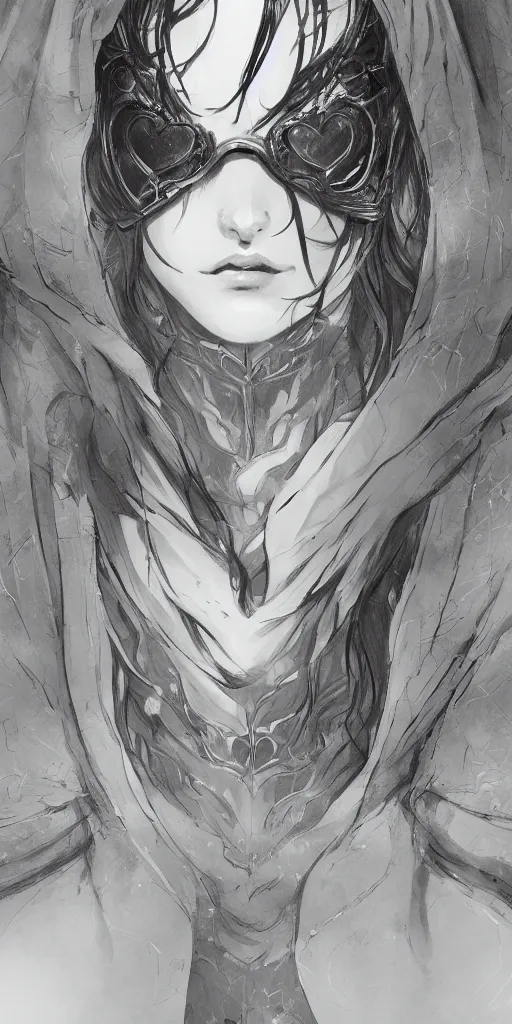 Prompt: a beautiful drawing of a girl with a heart shaped face wearing a cloak made of mists, yoji shinkawa and hyung - tae kim, highly intricate and detailed, featured on artstation, close up body shot