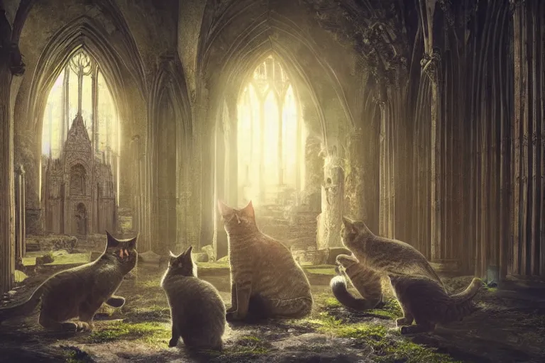 Image similar to concept art of ancient cathedral of forgotten cat people, ritual, many cats national geographic, high fantasy, strong perspective, sacred perfect lighting,