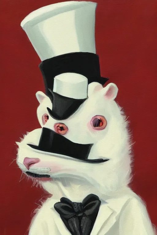 Prompt: “An albino ferret wearing a tuxedo and top hat. Oil on canvas in the style of Ralph Bakshi.”