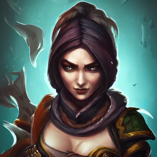 Image similar to Portrait of female rogue, intricate, elegant, highly detailed, digital painting, artstation, concept art, smooth, sharp focus, illustration, art by MasterHearthstone, Hearthstone art style