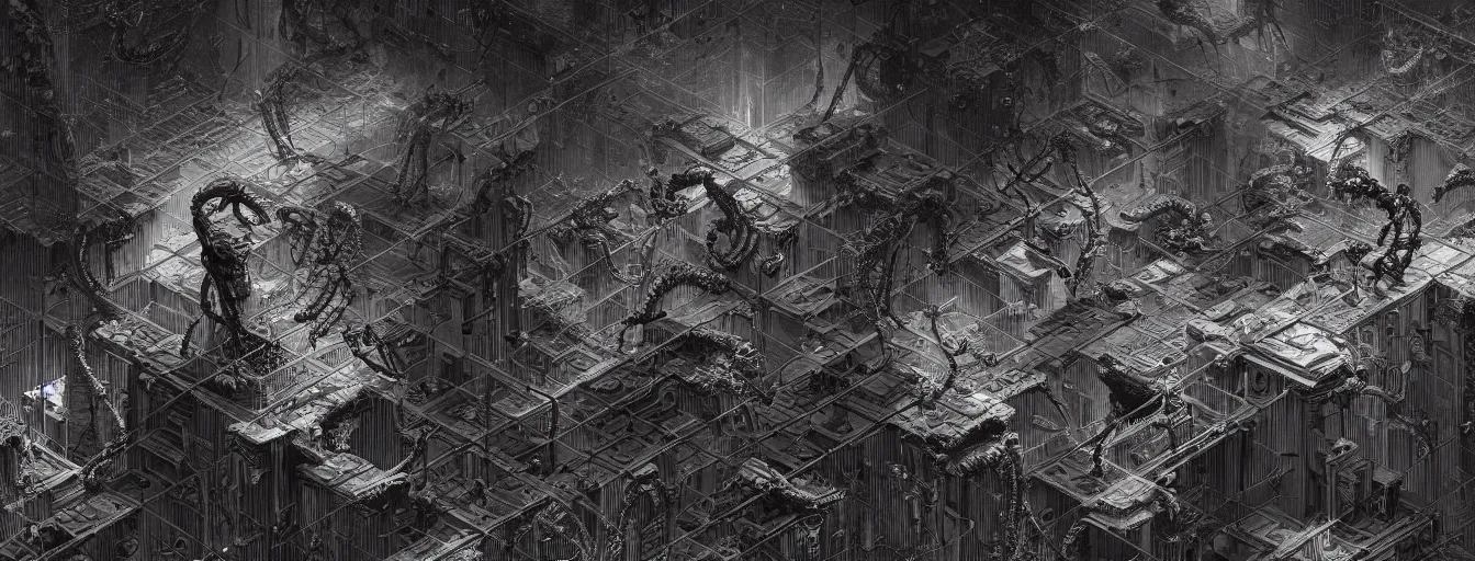 Image similar to intricate artwork masterpiece biomechanical dystopian brutalist hive mind domain, side - scrolling 2 d platformer level by nicolas delort, zdizslaw beksinski, victo ngai, josan gonzalez, kilian eng, ominous, dramatic horror cinematic lighting, volumetric 8 k