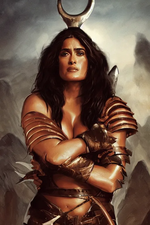 Image similar to portrait, Salma Hayek as a barbarian , dressed in torn white leather and high heeled boots , face portrait, raphael lacoste, eddie mendoza, alex ross, concept art, matte painting, highly detailed, rule of thirds, dynamic lighting, cinematic, detailed, denoised, centred