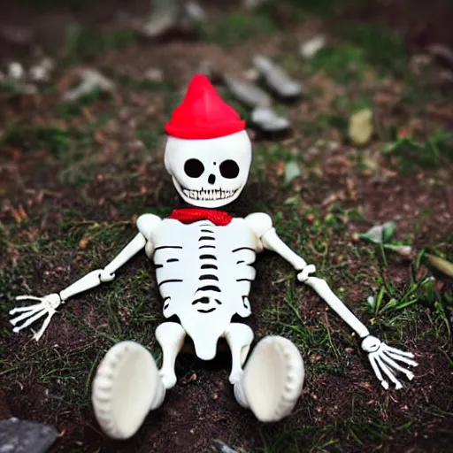 Image similar to an adorable simple porcelain ball jointed skeleton fashion doll lovingly crafted by hand at the park, bright and colorful, wearing festive overalls, worms eye view, macro camera lens, cinematic, focus
