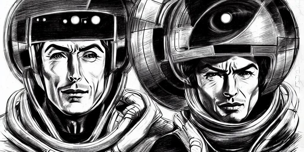 Prompt: traditional drawn colorful animation a symmetrical portrait of lonely single Alain Delon Stallone Clint Eastwood alone pilot in posing in robot platform deck wheelhouse spaceship station planet captain bridge outer worlds robots extraterrestrial hyper contrast well drawn Metal Hurlant Pilote and Pif in Jean Henri Gaston Giraud animation film The Masters of Time FANTASTIC PLANET La planète sauvage animation by René Laloux
