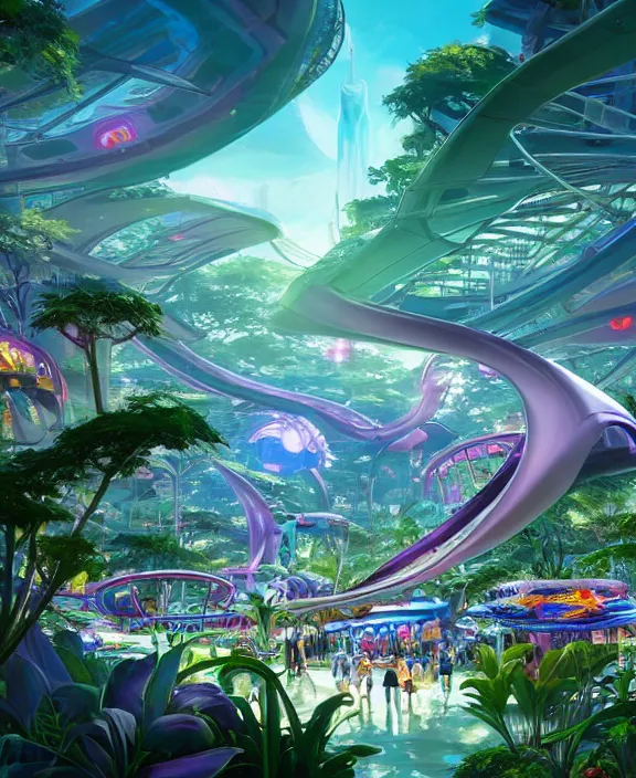 Prompt: simplicity, an amusement park made out of sleek asymmetrical organic creatures, in the style of an aerodynamic spaceship, overgrown with orchids, partly cloudy, sun - drenched, dramatic lighting, by dan mumford, yusuke murata, makoto shinkai, ross tran, cinematic, unreal engine, cel shaded, featured on artstation, pixiv