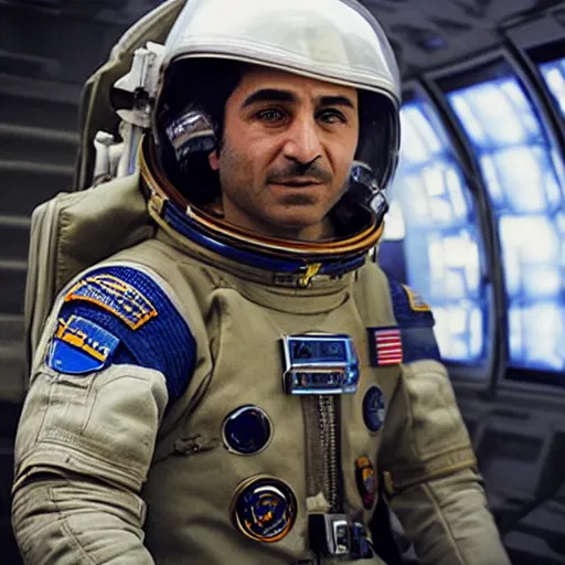 Image similar to close - up of a kurdish astronaut in a movie directed by christopher nolan, movie still frame, promotional image, imax 7 0 mm footage