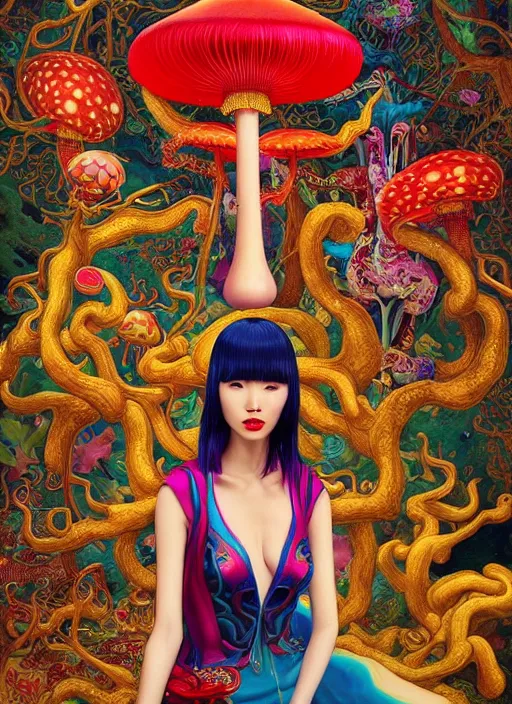 Prompt: sexy chinese model with hallucination mushroom : : by martine johanna and simon stalenhag and chie yoshii and casey weldon and wlop : : ornate, dynamic, particulate, rich colors, intricate, elegant, highly detailed, vogue, harper's bazaar art, fashion magazine, smooth, sharp focus, 8 k, octane render,