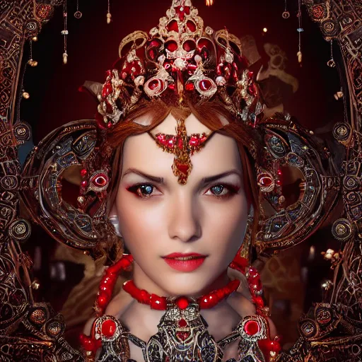 Image similar to photograph of wonderful princess with smooth fair skin, alluring eyes, red jewelry, breathtaking, elegant, ornate, intricate, hyper detailed, accent lighting, dramatic light, 4 k octane render