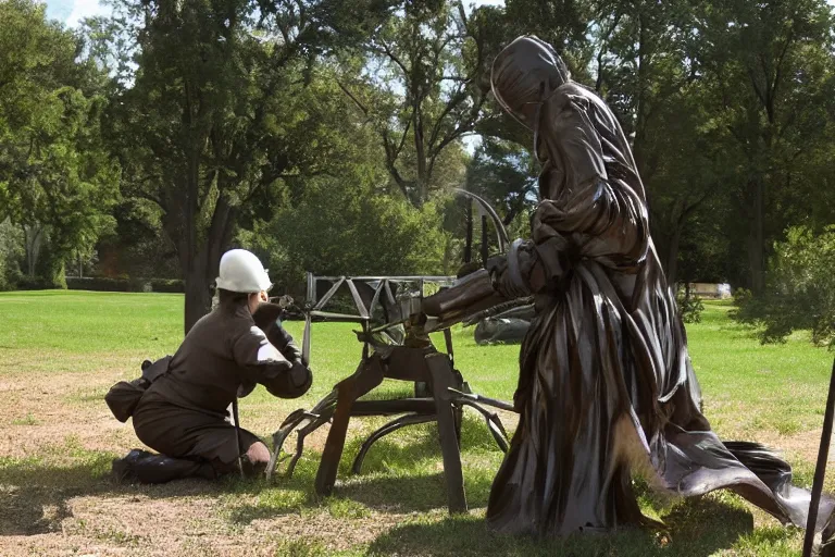 Prompt: cinematography woman welding sculpture in the park by Emmanuel Lubezki