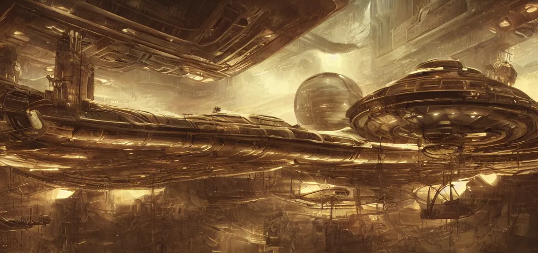 Image similar to realistic cinematic sci - fi mothership interior vintage - machinery, tubes wires path matte painting masterpiece warm tones quiet