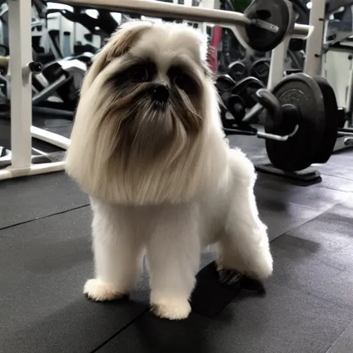 Prompt: a muscular body builder shi-tzu posing at the gym