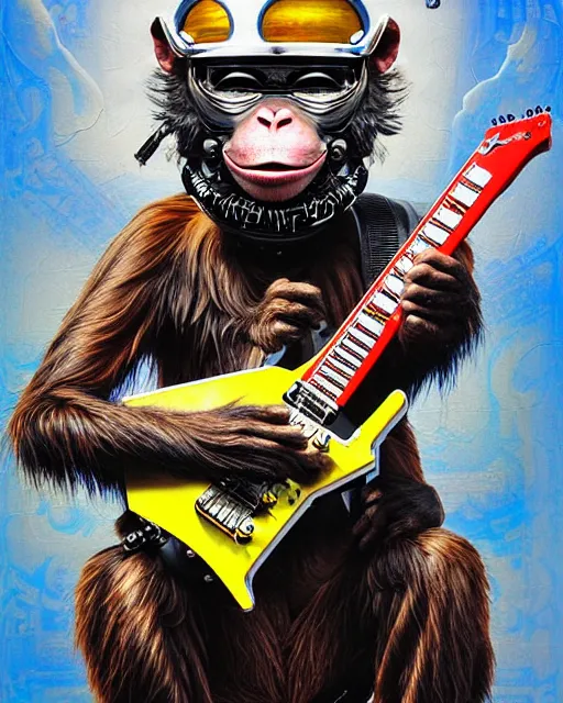 Image similar to a portrait of an anthropomorphic cyberpunk monkey in a leather helmet shredding an electric guitar by sandra chevrier, by jon foster, detailed render, tape deck, epic composition, cybernetics, 4 k realistic, cryengine, realistic shaded lighting, sharp focus, masterpiece, by enki bilal