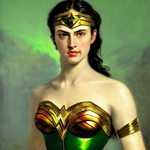 Prompt: highly detailed portrait of wonder woman with white hair and glowing green eyes, ultra realistic, 4 k, painted by gustave courbet,