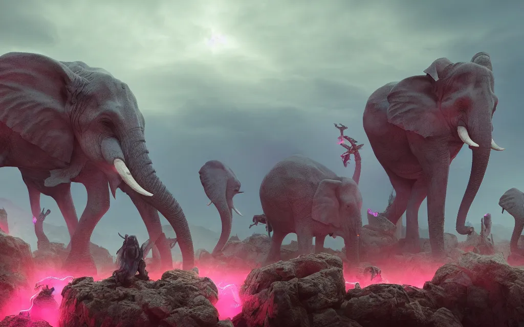 Prompt: a crowd of small blue necromancers summoning a giantic pink antropomorphic cyborg elephant lying on top of a rock, twilight lightning, montains in the background, volumetric fog, realitistic, high contrast, ultra detailed, 8 k render, cycles render engine, volumetric fog