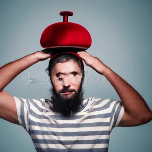 Image similar to man wearing car wheel on head as hat stock photo